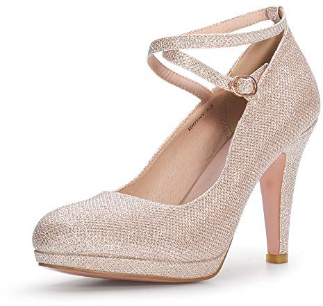 IDIFU Women's Tracy Platform High Heels Closed Toe Pumps Strappy Cross Ankle Strap Shoes for Casual Work Wedding (10 M US, Gold Glitter)