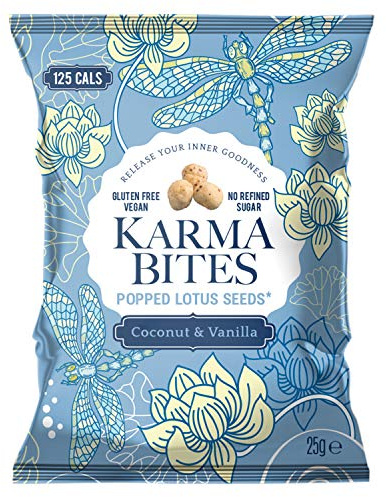 Karma Bites, Popped Lotus Seeds, Gluten Free, Vegan. Coconut and Vanilla Flavour, 12x 25g. Pack of 12