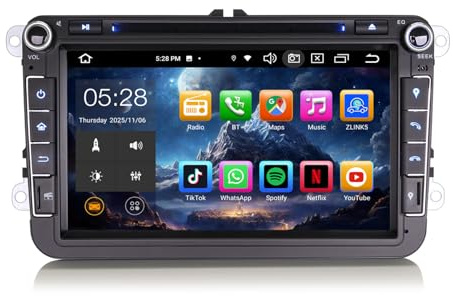 Erisin Android 14 8 Zoll 4GB+64GB 8-Kern Autoradio mit CD DVD GPS Touchscreen für VW Passat B6 Golf 5/6 Touran Skoda Seat Tiguan Jetta T5 Unterstützt CarPlay DAB+ WiFi 4G FM Radio Bluetooth Canbus