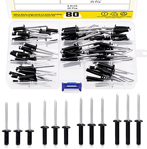 Mardatt 80 Stück Flansch Aluminium Blind Niet Sortiment Set, schwarzer Großkopf Dreifache Explosive Aluminium Pop Niete für Blech, Automobil und Möbel -3/16 x (9/16, 3/4, 13/16, 1)
