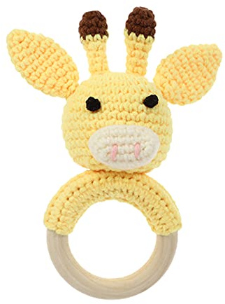 Baby Rassel Spielzeug, Baby Beißring Holz Gehäkelte Greifling, Handmade Babyrassel Holzspielzeug Geschenk zur Geburt Junge und Mädchen (Giraffe)