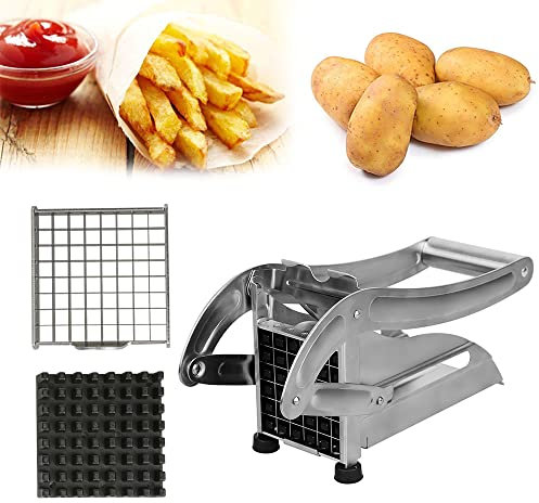 XUANYU Coupe Frites Manuel avec des 2 Lames de 12mm et 10mm, Coupe Frite Professionnel, Antidérapante, Coupe Légumes INOX