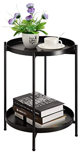 HollyHOME Rund Beistelltisch Schwarz Metall Klein Couchtisch 2 Ebenen Balkontisch Nachttisch Beistelltisch für Wohnzimmer Schlafzimmer Terrasse Outdoor