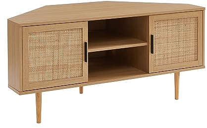 BAÏTA Meuble TV d'angle Amana Effet chêne et cannage en rotin 2 Portes
