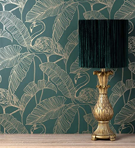 GAULAN 681301 Papier peint lessivable feuilles tropicales et flamants style Art déco pour mur salon chambre couloir salle à mange tête de lit hall - Rouleaux de 10 m x 0,53 m