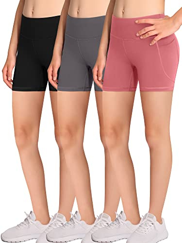 DALIGIRL Volleyboll cykelshorts för flickor spandex kompressionsshorts med fickor för barn dans yoga och friidrott, Svart/grå/rosa, L