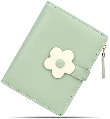 conisy Süß Geldbörse Damen Klein, Dünn Bifold Leder Portemonnaie Damen mit RFID Schutz, Geldbeutel Mädchen mit Reißverschluss Münzfach (Blume grün)