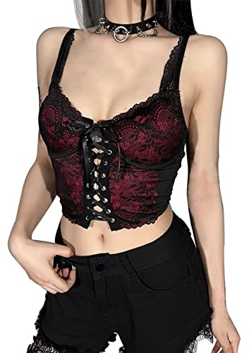 DINGJIUYAN Top gótico sexy y2k de red para mujer, rosso, L