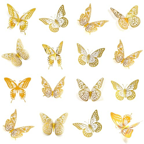 Meikeer 3D Butterfly Wall Decor 48 Pcs - 4 Styles & 3 Sizes, Removable Wall Stickers for Birthday, Party, Wedding Decorations & Interior Decor (Gold)