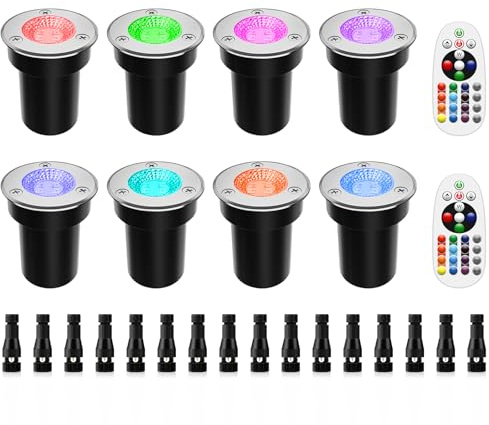 ZUCKEO RGB Low Voltage Landscape Lights LED Color Changing Well Lights, Outdoor In Ground Light Waterproof Accent Spotlights 12-24V Landscape Lighting for Yard Garden Pathway(8Pack with Connectors)