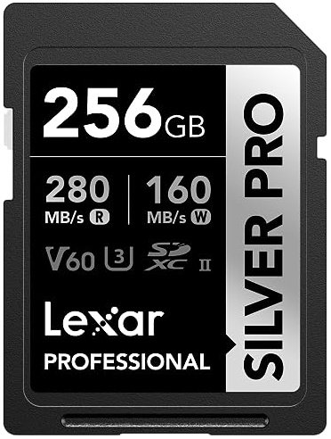 Lexar 256GB Professional SILVER PRO SD Card, UHS-II, C10, U3, V60, Full HD, 4K, Up To 280MB/s Read SDXC Memory Card, for Professional Photographer, Videographer, Enthusiast (LSDSIPR256G-BNNNU)