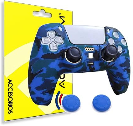 Actecom Funda de Silicona Compatible con Mando Sony PlayStation 5 PS5 Camuflaje Carcasa Cubierta Anti Caídas Golpes Goma Flexible + Grip de Regalos (Blue)