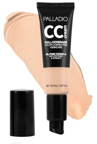 Palladio Full-Coverage Color Correction CC Cream, Oil-Free with Peptides & Vitamin C, Best for Correcting Redness and Uneven Skin Tone, Buildable Foundation Coverage (Fair 12W, Warm Undertone)