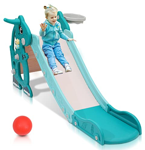 Yakimz Rutsche, Faltbar Kinderrutsche, Stabil Kinder Fun-Slide mit Basketballkorb, 4-in-1 Kleinkinderrutsche, Gartenrutsche Kinder Spielzeugrutsche, für 1-3 Jahre, Indoor & Outdoor Rutschbahn, Grün