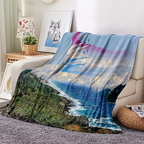 EHOMERY Kuscheldecke Junge Quilt Decke Kuscheldecke Für Zwei Personen Decken Zum Selbst Gestalten Flugzeug Landschaft Hosting-Decke Dekorative Weiche Kuscheldecken Blau 200x150cm