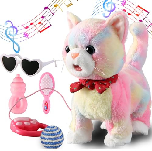 Colorful Leash Walking Cat Set Interactive Talking Cat Singing Dancing Kitten Mimicking Repeat What You Say Kitty Touch and Voice Control Nodding Wagging Tail Plush Electric Kitty for Kid Gril