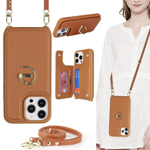 ELTEKER Crossbody Lanyard Case for iPhone 14 Pro,PU Leather Wallet Case Flip Cover with Card Holder Crossbody Strap for iPhone 14 Pro (6.1 Inch)- Brown
