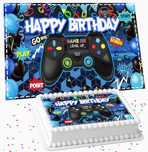 Gaming Rectangle Happy Birthday A4 Sized Edible Icing Cake Topper Decoration (27cms x 20cms / 11 inch x 8 inch)