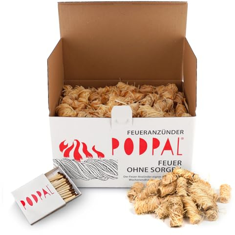 PODPAL Legnetti Accendifuoco Ecologici 2kg | 200 Pezzi in Lana di Legno e Cera | Per Camino, Stufa, Barbecue | Incluso Acciarino