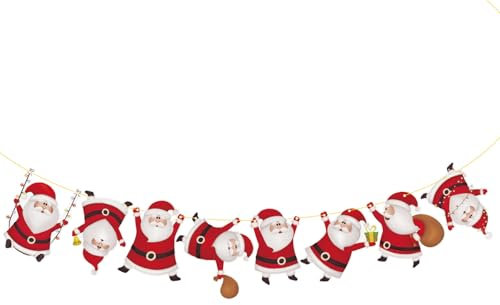 BETESSIN Weihnachtsgirlande - Niedliche Weihnachtsmann Girlande aus Papier - Weihnachtsbanner mit 8 Santa Claus Figuren - Weihnachtsdeko zum Aufhängen für Kamin, Wand, Fenster & Türen