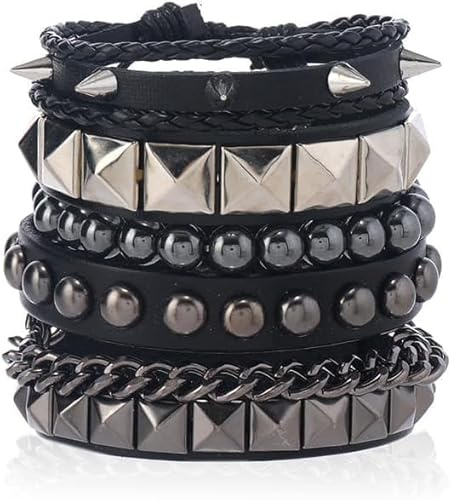 TTPSRY 4 Piezas Pulseras Hombre Cuero Punk Tachuelas Metálicas Brazalete Gótico Cadena Ajustable Conjunto Masculino