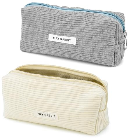 Okoss Federmäppchen Cord-Stoff, 2 Stück Tragbares Mäppchen für Mädchen Teenager, Reißverschluss Smoothy Etui Stifte Pencil Case schlampermäppchen für Schule, Büro - Milchig Grau + Weiß (2)