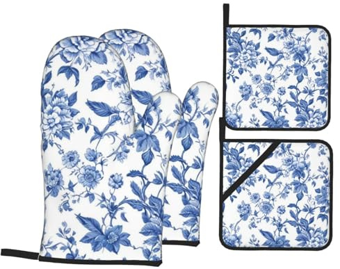 Ofenhandschuhe und Topflappen, blaue und weiße Blumen-Ofenhandschuhe mit Topflappen, rutschfeste Handschuhe, hohe Hitzebeständigkeit, 500 Grad, für Grill, Backen, Kochen, Ofen, Mikrowelle, 4 Stück
