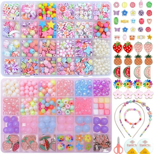 LYMOOR Perlen für Armbänder Kinder 700 Stuck, Armbänder Selber Machen, DIY Haarband Halskette Schmuck Basteln Mädchen Geschenk, perlenset kinder ab 4 mit 20m Elastische Kordel