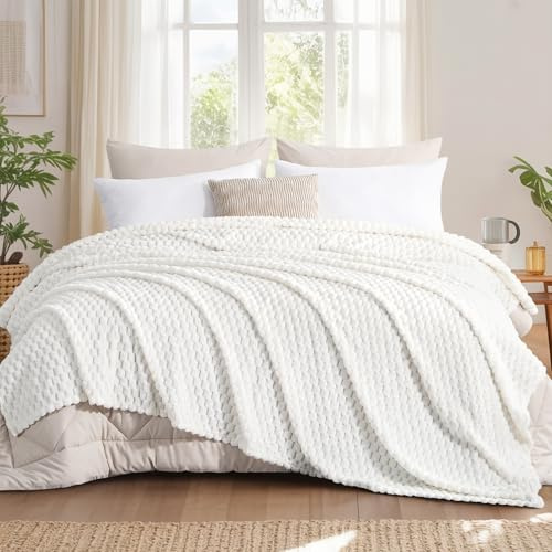 Aisbo Kuscheldecke Flauschig Decke Weiß - Fleecedecke 220x240 cm XXL als Sofadecke Couchdecke, Weich Kuschelige Große Wohndecke für Wohnzimmer Deko Blanket, Dicke Warme Plüschdecke