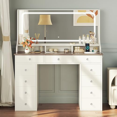 Dripex Coiffeuse Miroir LED Hollywood, 11 Tiroirs Prises Marron Vintage