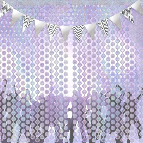 2 Stück Discokugel Folienvorhang, Fransen Vorhänge Aus Silberfolie, Silber Disco Party Dekorationen 1 x 2m, 1 Flagge Hissen, Fotohintergrund für die Letzte Disco 70er 80er 90er