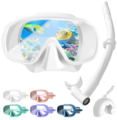 Tyuodna Occhiali da sub con boccaglio, set da snorkeling per adulti con anti fog e anti perdite, set da snorkeling, maschera panoramica a 180°, perfetti per snorkeling e immersioni (bianco)