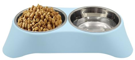 Arightmu Gamelles 2 en 1 en acier inoxydable pour animal domestique | Gamelle inclinée antidérapante avec coussinet antidérapant | Double gamelle pour chatons, chiots, lapins et petits animaux (bleu
