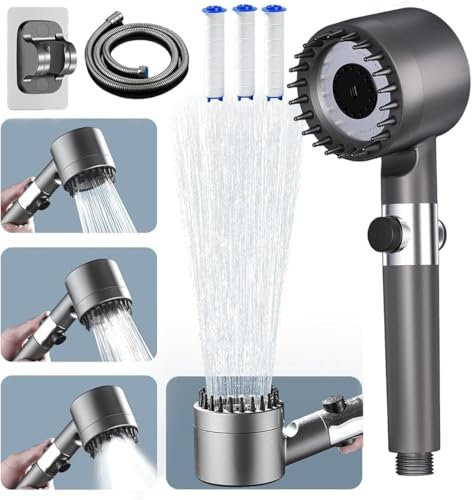 High Pressure Shower Heads, Hard Water Filter Shower Head with 1.5m Shower Hose and Shower Stand,4 Spray Jet Modes with Pause Switch, Handheld Massage Filter Showerhead Grey