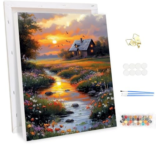 MEIYUDA Pintar por Numeros Adultos con Marco Atardecer en el campo, Cuadros por Numeros Pigmento Acrílico, DIY Pintura por Numeros Kit Manualidades, Decoración para el Hogar Regalo de pared 30x40cm