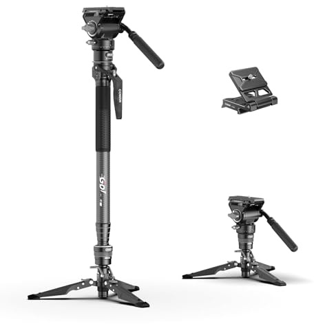 COMAN - Monopié de Fibra de Carbono con elevación en un Clic, monopié para cámara de 175 cm con Patas, trípode de Viaje Ligero con Placa de liberación rápida para cámara, DSLR,Carga máxima de 10 kg