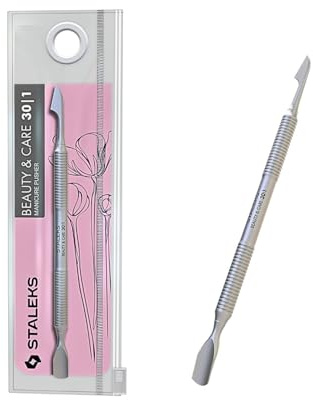 STALEKS Empujador de cutículas para láminas ungueales pequeñas. Dos puntas empujador angosto redondeado + limpiador/removedor. Manicura y pedicura. Acero inoxidable. Beauty & Care 30/1