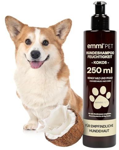 emmi-pet Hundeshampoo Feuchtigkeit Cocos 250 ml – sanfte Hydro-Fellpflege mit Kokos, entfernt Milbenkot & Pilzsporen, feuchtigkeitsspendend & pflegend, für empfindliche Hundehaut - für Glanz