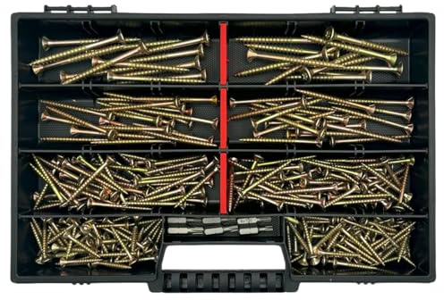 FRACKMANN Schraubenset 430 Teile – inkl. TX Bits & Sortimentskoffer – Torx Schrauben 4x30 – 4x70 – Holzschrauben Sortiment für Innenausbau & Möbelbau