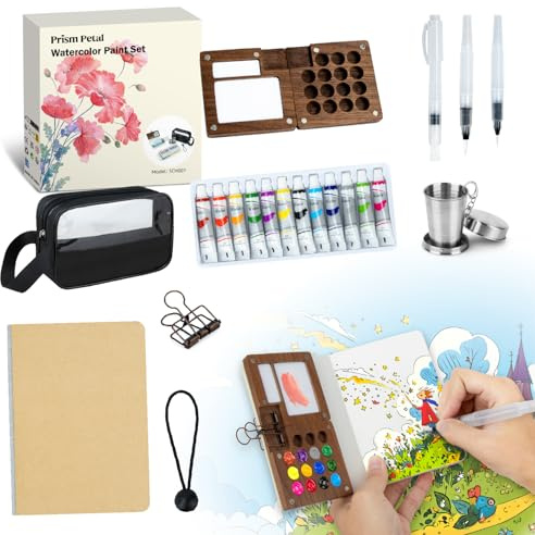 Kit Acquerelli Professionale da Viaggio - Set Completo con 12 Colori, Tavolozza, 3 Pennelli e Taccuino - Ideale per Artisti in Trasferta