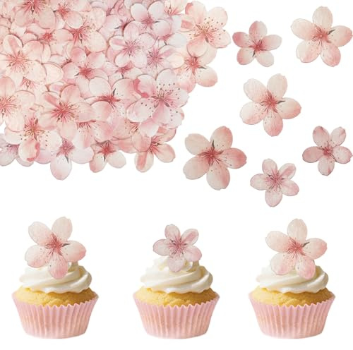 Edible Cake Decorations, Edible Flowers for Cakes, Edible Cake Toppers, 50Pcs Pink Wafer Paper Flowers Cake Decorations, Cupcake Toppers for Baby Shower, Birthday Party, Wedding Dessert Decor Supplies