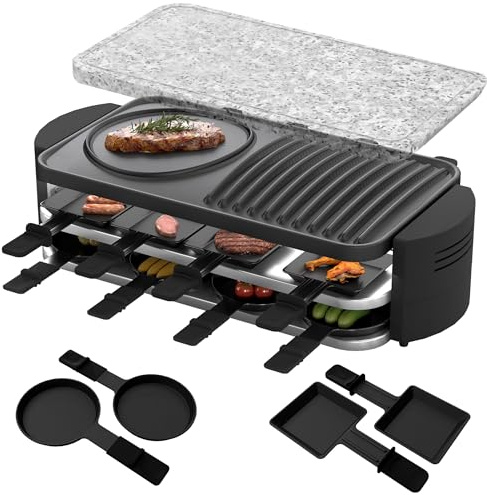 FIVMEN Raclette 8 Personen Raclette Grill 1600W mit 14 Pfännchen, Granitplatte & Antihaftplatte Electric Grill Tischgrill Partygrill Elektrogrill Temperaturregulierung für Grillen