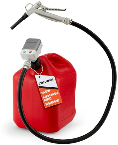 DeWay Fuel Transfer Pump for Jerry Cans with Manual Hand Trigger Nozzle | 9 LPM Flow Rate, 130 cm Heavy-Duty Rubber Hose, 4 AA Battery Powered & 3 Adapters for Petrol, Diesel & Non-Potable Water