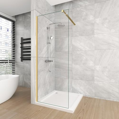 T&K Walk in Duschwand 70x190 cm Golden, Walk-In Dusche Duschtrennwand Glas, 8 mm gehärtetes Sicherheitsglas beidseitig leicht zu reinigen, Mit einziehbarem Stützbalken