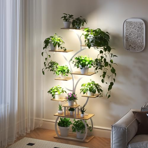 Bonnlo Pflanzenständer mit Wachstumslicht, 10-stöckiges Pflanzenregal für Innenbereich, Blumenständer aus Holz&Metall, Pflanzentreppen stabil und platzsparend, 155*80*26cm (weiß, ohne Räder)