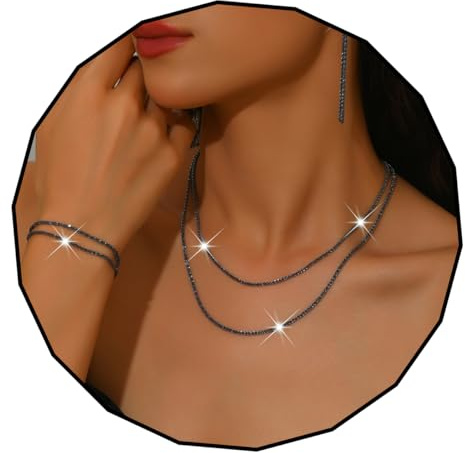 CCAIPU Women's Jewelry Set, 3 Pcs Elegant Jewellery Set Sparkly S925 Sterling Silver Necklace Earrings Bracelet Sets for Women Bridal Wedding Gifts (Black)