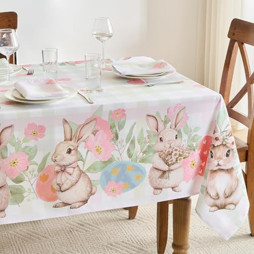 FIBORIA Tischtuch Ostern 180x140 cm Abwaschbare Bunte Karierte Kaninchen-Tischdecke Outdoor Wasserabweisend Rechteckig Modern Tablecloth Für Gartentisch Frühling Garten Party Geburtstag Camping Küche
