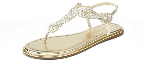 DREAM PAIRS Women's Flat Sandals Dressy Summer Stappy Comfortable Ankle Elastic T-Strap Beach Thong Sandals,Size 7,Gold,SDFS2406W