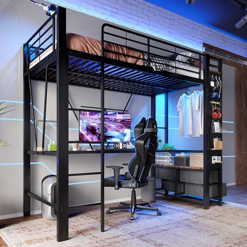 BLUON HOME Hochbett Erwachsene,Bett mit Schreibtisch,Hochbett, 90 x 200cm,Mit Trockenstab, Mit Einlegeböden, 4 Schubladen, LED-Leiste, Geländer, Trittleiter, mit Lochbrett, ohne Matratze, schwarz