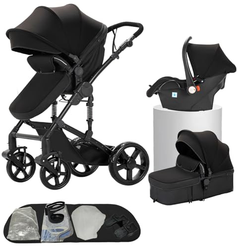 Kombikinderwagen 3-in-1, bidirektional mit Babywanne, verstellbar 105-180°, leicht faltbar, 4 Räder (588-Black)